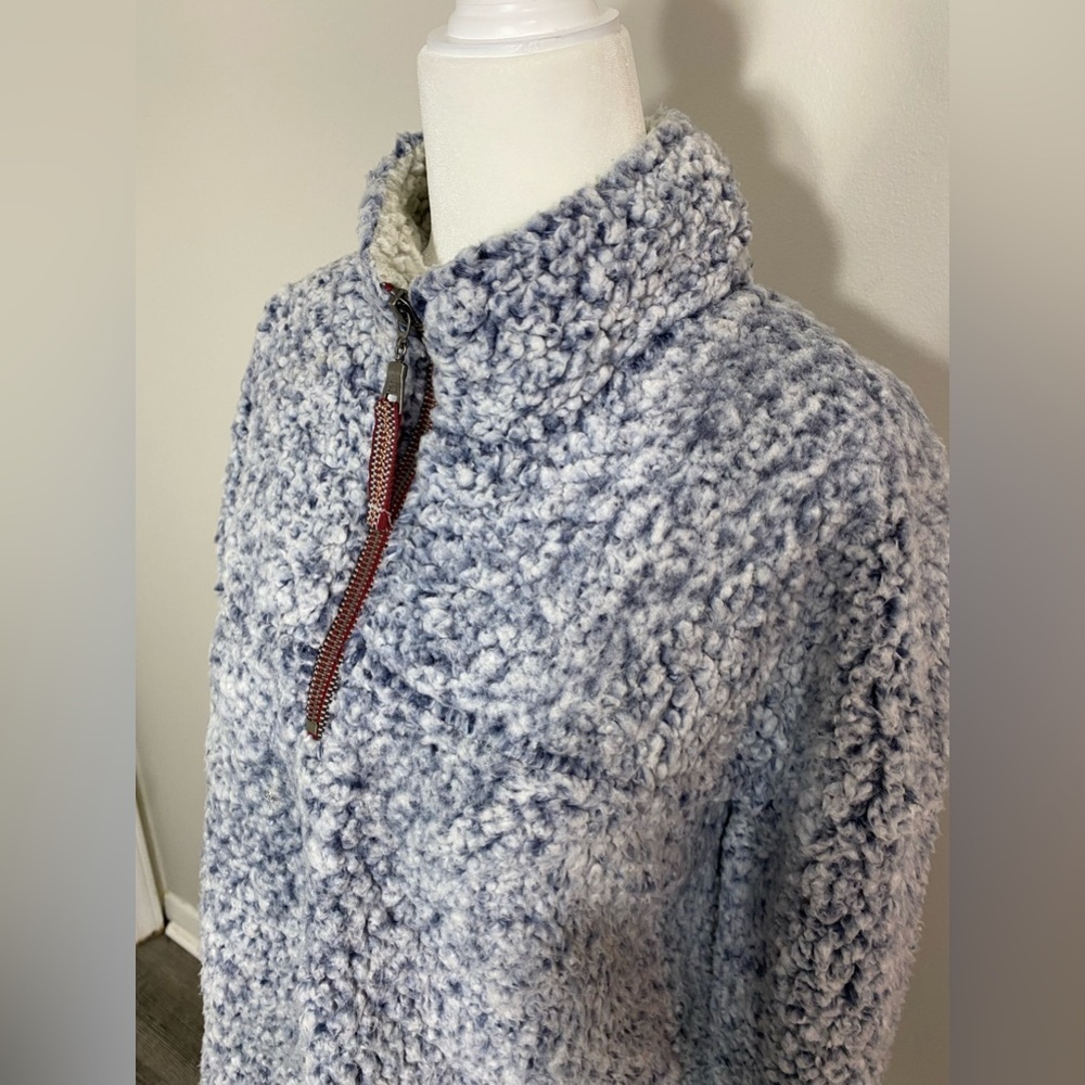 Large True Grit Blue Gray Sherpa Fleece Pullover Jacket w/ Small Side Slits - Picture 2 of 7